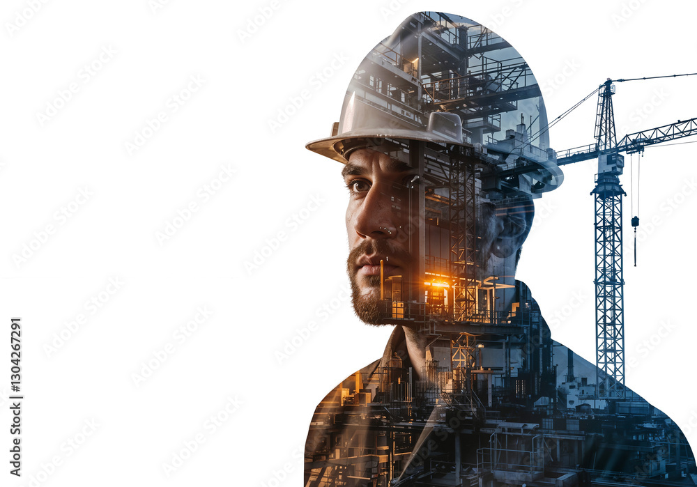 builder in hard hat merging with construction site double exposure art . Generative AI builder in hard hat merging with construction site double exposure art . Generative AI
