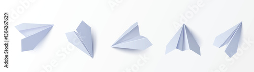Paper plane 3d models in different angles on white background. Realistic light blue origami aircrafts. Clean minimal folded sheet objects for education, childhood concepts or travel metaphors.