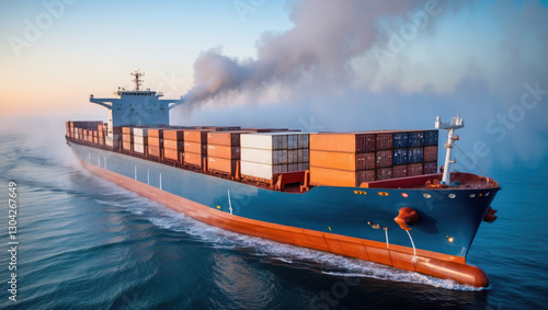 Cargo Ship sailing ocean loaded containers. Blue vessel sailing in fog with orange lower hull, global trade during dusk, generated illustration photo