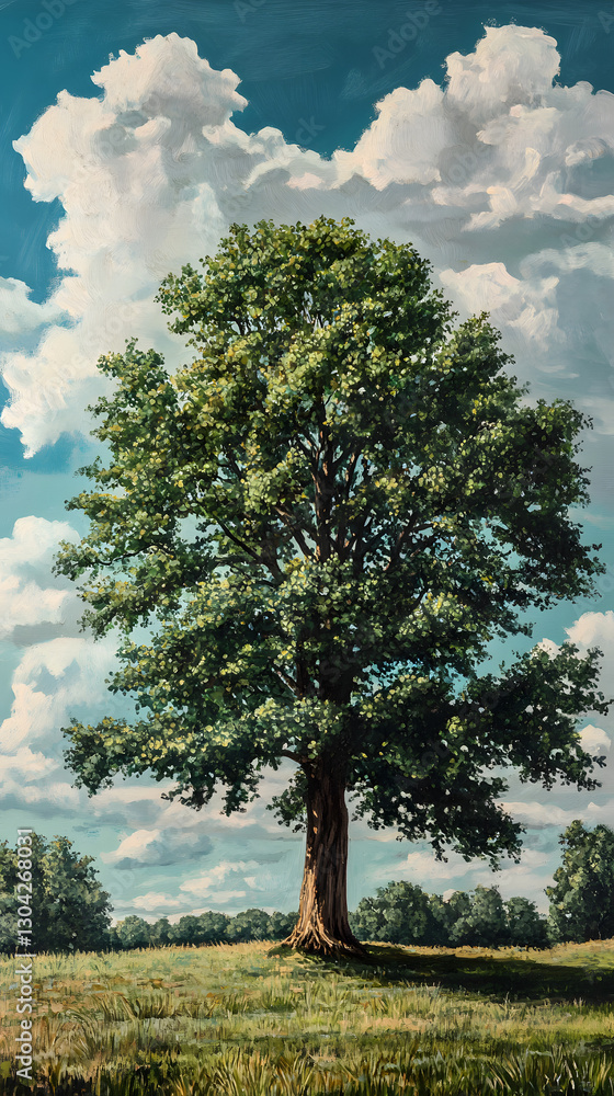 Majestic Oak Tree Standing Tall in an Open Field