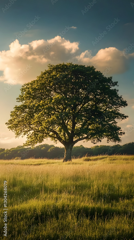 Majestic Oak Tree Standing Tall in an Open Field