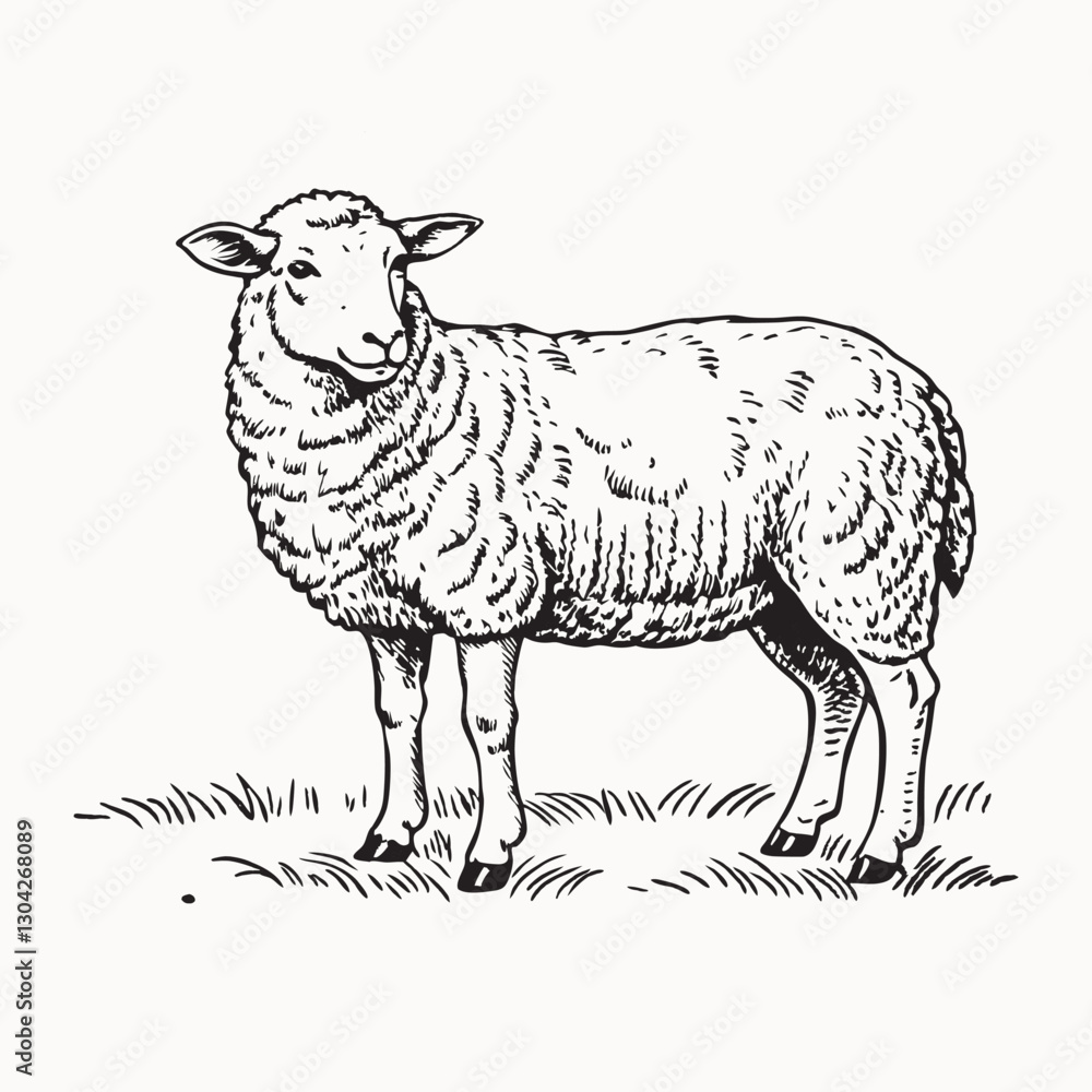 A cute sheep cartoon is standing on the grass. the sheep's flat icon logo is black. Hand drawn engraving vintage style illustrations. A cute sheep cartoon is standing on the grass. the sheep's flat icon logo is black. Hand drawn engraving vintage style illustrations.