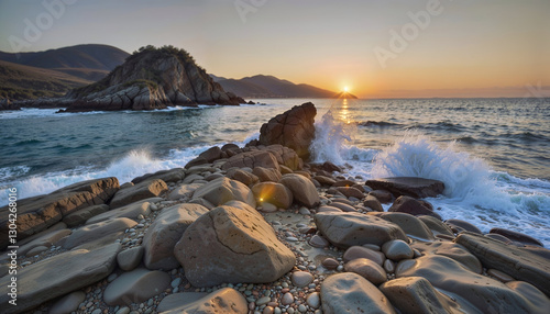 Golden sunrise over a rocky shoreline. 