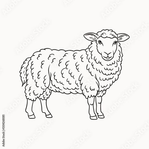 sheep on white background. Hand drawn illustration of the beautiful black and white animal. Line art drawing in vintage style. transportation. white background