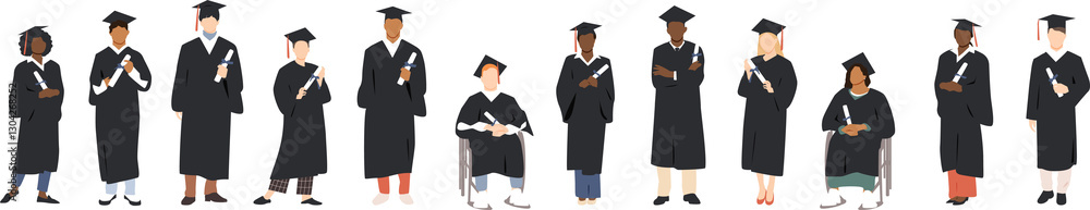 Group of graduated students, wearing academic gowns and graduation caps, holding diplomas. Group of graduated students, wearing academic gowns and graduation caps, holding diplomas.