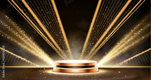 Black luxury podium with golden light beams radiating outward on dark background. Glowing illuminated display platform with sparkles and particles. Elegant showcase stage for product presentation.