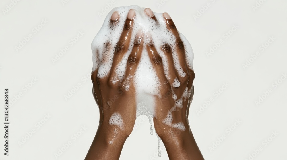 Naklejka premium Feminine hands lathering soap, generating white bubbles during handwashing routine against clean backdrop highlighting personal hygiene
