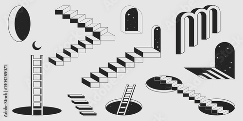 Abstract surreal ladders set isolated on white background. Vector illustration of black stairs, round holes, arch windows with moon and stars, retro portal to space, dream doorway, infinity illusion