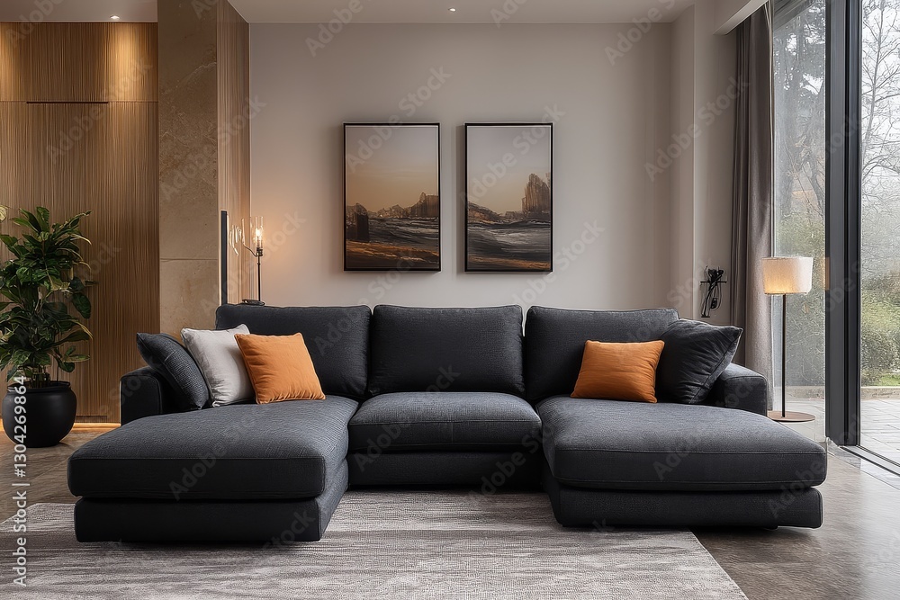 Black Fabric Three-Seater Sofa with Chaise Longue Featuring Simple Modern Geometric Lines and Warm Tones, Set Against a Natural Texture Background. Black Fabric Three-Seater Sofa with Chaise Longue Featuring Simple Modern Geometric Lines and Warm Tones, Set Against a Natural Texture Background.