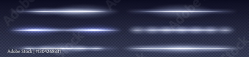 White neon laser beam set on transparent dark blue background. Horizontal glowing lines with different brightness levels for tech design effects. Digital light rays with luminous intensity variations.