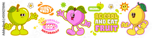Groovy fruit cartoon characters - green apple, pink peach and yellow pear with smiling faces and limbs. Retro mascots surrounded by phrases on stickers, flower, sun icon for healthy eating design.