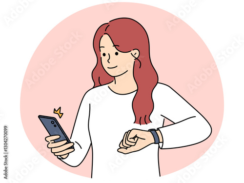 Smiling girl get notification on phone and smartwatch