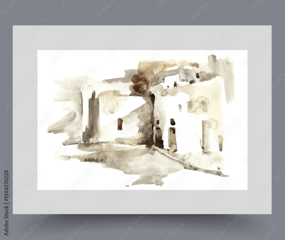 Streets deserted gloomy city or rural area with low-rise buildings on wall art. Watercolor artwork. Print with depressing atmosphere on city streets in cloudy weather, in frame with decor for poster