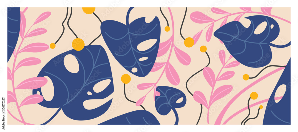 Obraz premium Trendy botanical pattern with navy blue doodle monstera leaves, pink foliage branches, yellow berries on beige background. Modern minimalist floral composition for fabric design or digital banners.