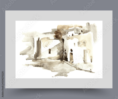 Obraz na płótnie Streets deserted gloomy city or rural area with low-rise buildings on wall art. Watercolor artwork. Print with depressing atmosphere on city streets in cloudy weather, in frame with decor for poster w salonie