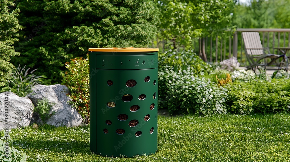 Obraz premium Composting in Yard Green bin sits on lawn near garden and patio on sunny day