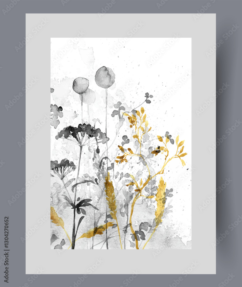 Spring field grasses and various plants growing in countryside on wall art. Watercolor artwork. Print with summer field grasses and spikelets or dandelions, in frame with decor for poster