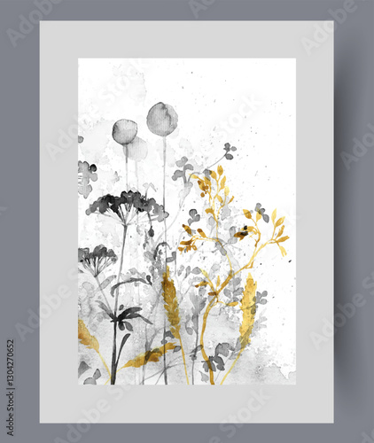 Obraz na płótnie Spring field grasses and various plants growing in countryside on wall art. Watercolor artwork. Print with summer field grasses and spikelets or dandelions, in frame with decor for poster w salonie