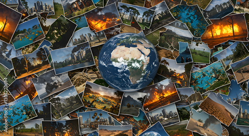 A collage of diverse photographic prints depicting various environmental disasters like wildfires, floods, droughts, and deforestation, all piled around a globe.