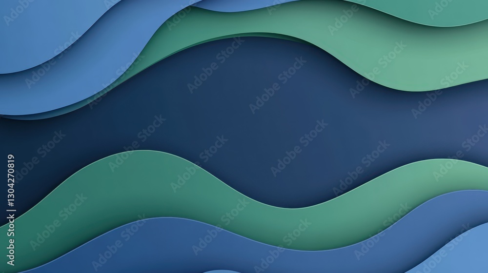Fototapeta premium Curving paper waves in blue and green forming fluid, contemporary abstract backdrop with dynamic visual energy