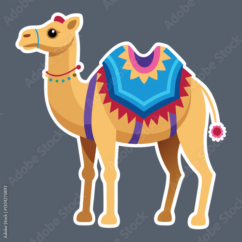 Arabian camel, desert domestic bedoin animal decorated with textile saddle. Arabic mammal profile, standing with traditional fabric decor on hump. Flat vector illustration isolated on white background