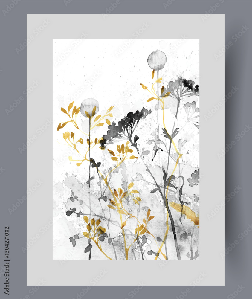 Field herbs and plants or aerial dandelions grow in summer meadow on wall art. Watercolor artwork. Print with variety of wild herbs from nature reserve, in frame with decor for poster