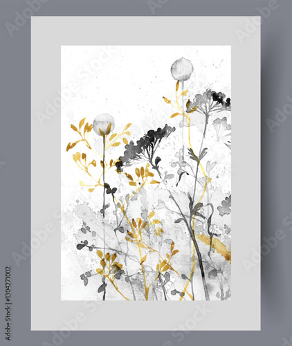 Obraz na płótnie Field herbs and plants or aerial dandelions grow in summer meadow on wall art. Watercolor artwork. Print with variety of wild herbs from nature reserve, in frame with decor for poster w salonie