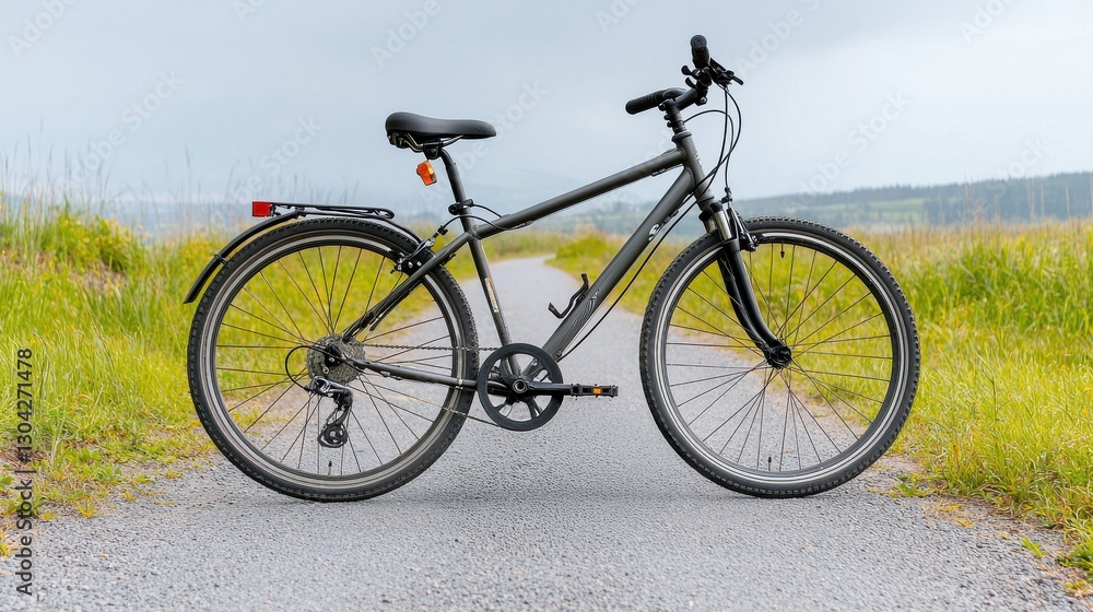 A black bicycle resting on a quiet country road A black bicycle resting on a quiet country road