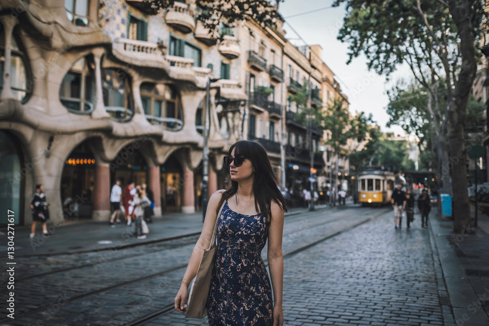 Fototapeta premium Young woman strolls through a lively street in Barcelona on a sunny afternoon filled with local culture