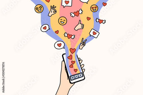Social network in mobile phone in child hand, with stream of hearts and comments or positive gestures. Smartphone with social network for sharing information or uploading photos and own creativity