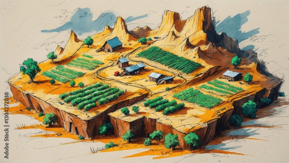 Ink sketch of desert farm with green fields. Tan cliffs form edges and background, blue roofs sit atop buildings on arid land. Ink sketch of desert farm with green fields. Tan cliffs form edges and background, blue roofs sit atop buildings on arid land.