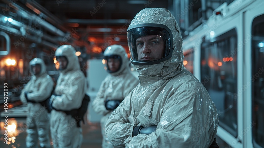 A group of men in white suits stand in a room A group of men in white suits stand in a room