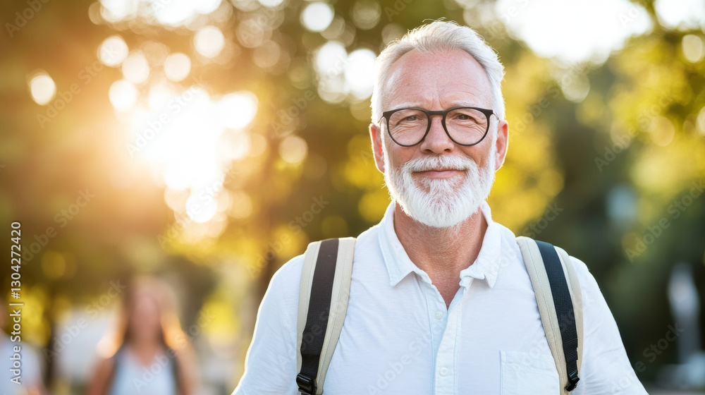 smiling older man with glasses and beard, wearing white shirt and backpack, stands outdoors in sunlit park. background features blurred greenery and sunlight smiling older man with glasses and beard, wearing white shirt and backpack, stands outdoors in sunlit park. background features blurred greenery and sunlight
