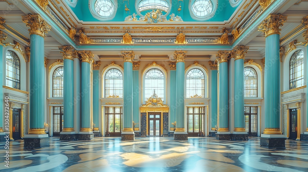 Obraz premium Grand Hall Teal Gold Columns Sunlight Elegance. AI Generated