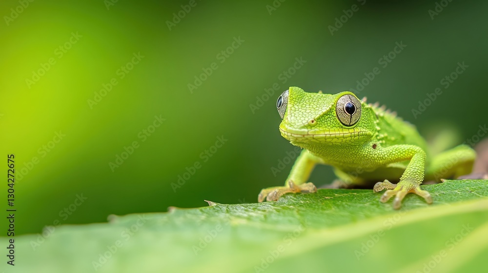 Green lizard sitting motionless on verdant leaf, perfectly camouflaged within dense rainforest foliage, embodying natural adaptation and exotic wildlife ecosystem Green lizard sitting motionless on verdant leaf, perfectly camouflaged within dense rainforest foliage, embodying natural adaptation and exotic wildlife ecosystem
