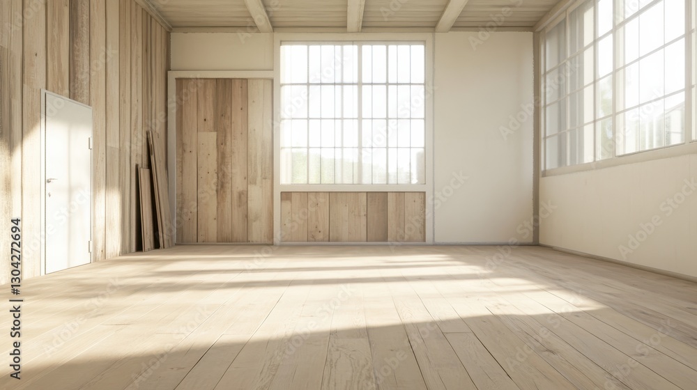 Bright sunlight illuminating spacious interior with gleaming hardwood floors, wooden wall paneling, creating minimalist architectural ambiance and natural light filled environment Bright sunlight illuminating spacious interior with gleaming hardwood floors, wooden wall paneling, creating minimalist architectural ambiance and natural light filled environment