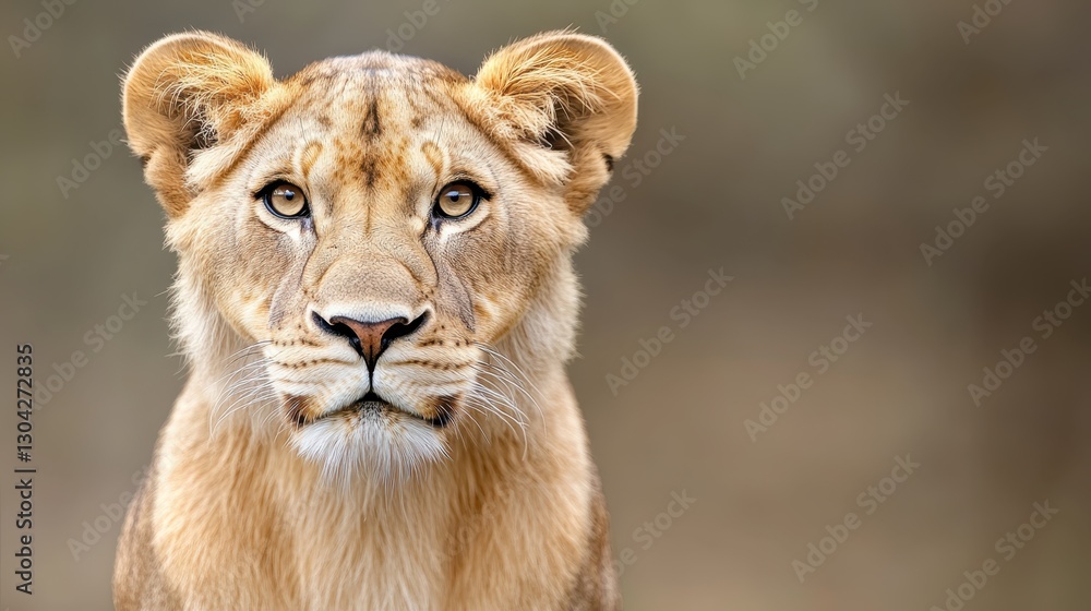 Fototapeta premium Intense lioness portrait revealing piercing amber eyes, golden fur highlighting predatory gaze against blurred wilderness landscape, embodying wild feline power