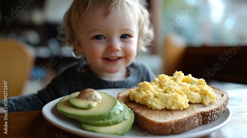 Toddler eating scrambled eggs and avocado toast at home photo