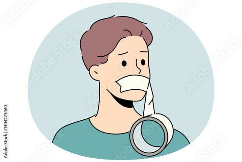 Man with mouth taped shut is embarrassed by lack opportunity to speak out and censorship that violates human rights. Guy became victim of censorship caused by infringement of democracy and free media