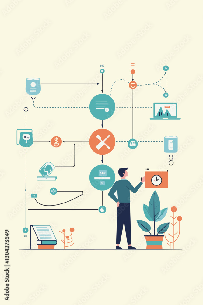 Man managing flow diagram to streamline workflow process, illustrating strategic planning, business system organization, and process optimization Man managing flow diagram to streamline workflow process, illustrating strategic planning, business system organization, and process optimization