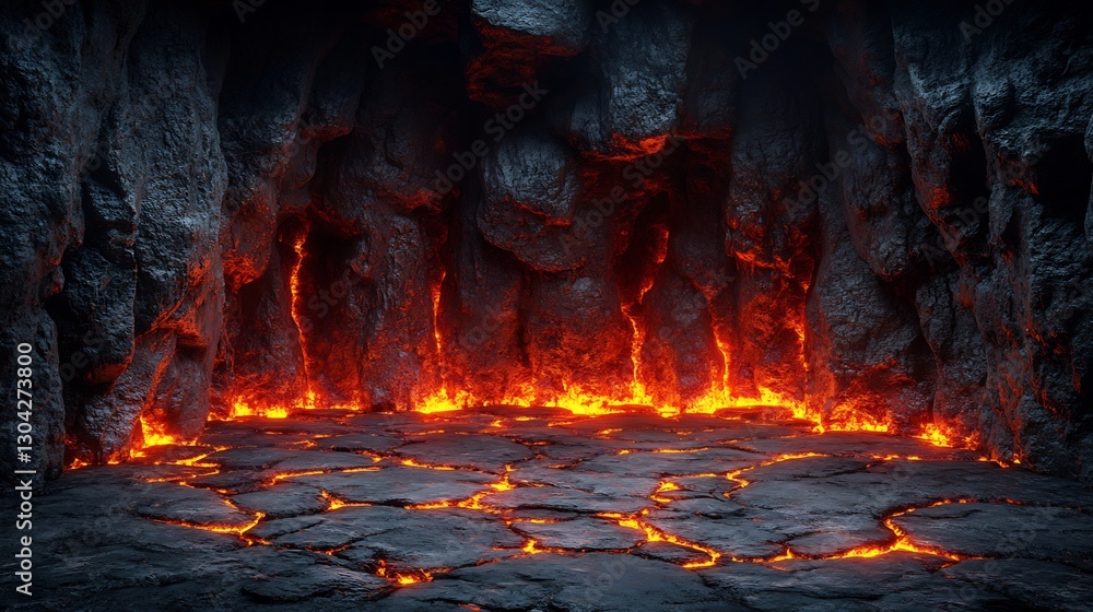 Glowing Lava Flows Brightly Illuminating Dark Volcanic Cave Floor. AI Generated Glowing Lava Flows Brightly Illuminating Dark Volcanic Cave Floor. AI Generated