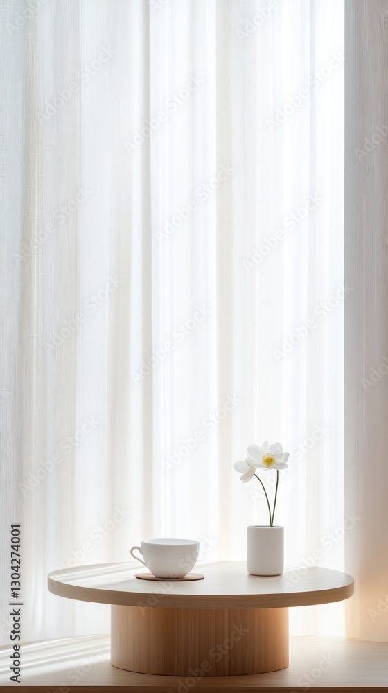 Elegant spring moment on a minimalistic balcony with soft light filtering through sheer curtains Elegant spring moment on a minimalistic balcony with soft light filtering through sheer curtains