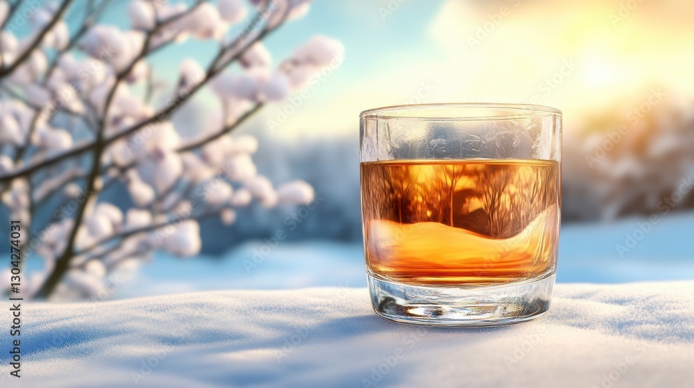 Amber Liquid in Rocks Glass on Snowy Surface, Winter Scene