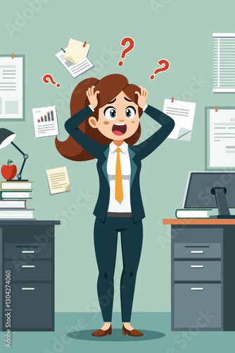 Overworked Businesswoman Struggling with Heavy Workload and Stress in Office Environment, Carrying Job-Related Stress