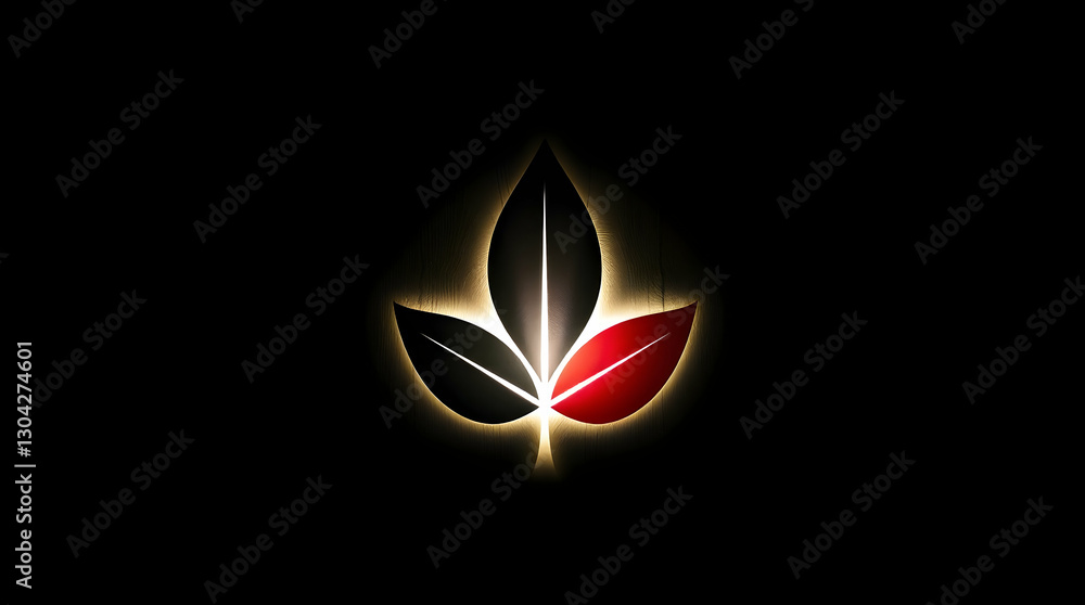 Fototapeta premium Stylized leaf logo with black, red, and white elements, centered on a dark background with a subtle glow.