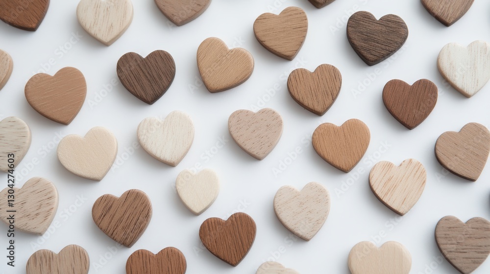 Wooden hearts displaying various brown hues organized neatly across white surface, emphasizing natural wood grain and minimalist design aesthetic Wooden hearts displaying various brown hues organized neatly across white surface, emphasizing natural wood grain and minimalist design aesthetic