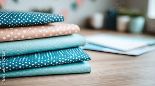 Wallpaper Mural Colorful polka dotted fabrics neatly stacking on wooden surface, showcasing textile crafting materials in homey workshop setting Torontodigital.ca