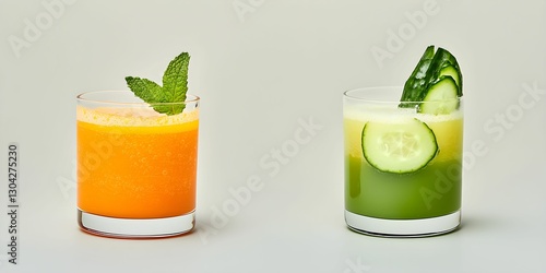 Healthy Juice Duo | Cucumber & Mint Garnish
Juice Pair with Mint & Cucumber | Vibrant & Healthy
Summery Juice Duo | Orange & Layered Green Drinks