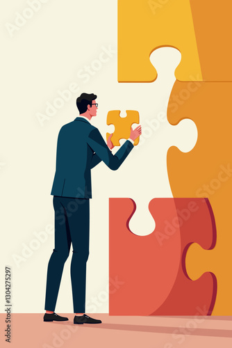 Solving the Puzzle: Businessman Assembling Jigsaw Pieces to Achieve Business Growth