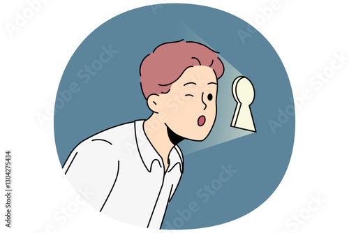 Curious business man looks through keyhole, wanting to find out corporate secrets of competitors or partners. Guy business manager spies on subordinates to avoid unwanted actions by company employees